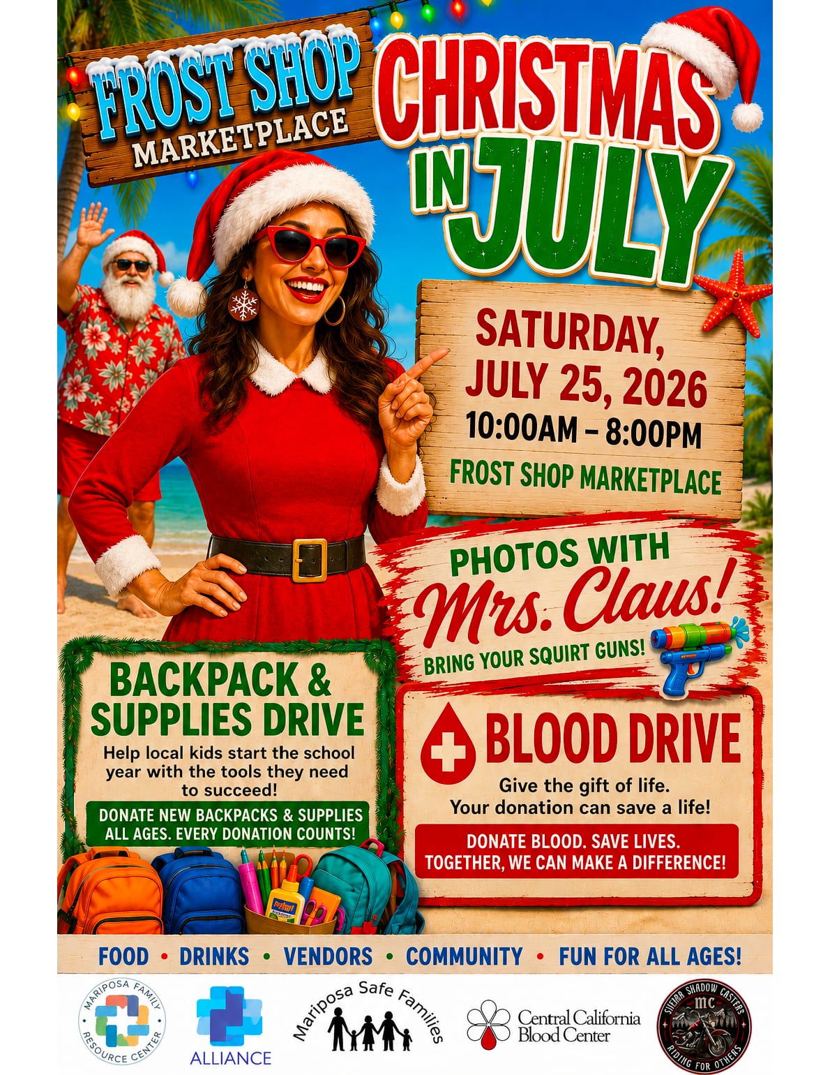 Christmas In July:  Blood Drive and Back to School Backpacks and Supplies Drive